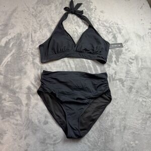 Tempt Me Bikini Swimsuit Womens Large Black High Waist Halter Two Piece Swimwear